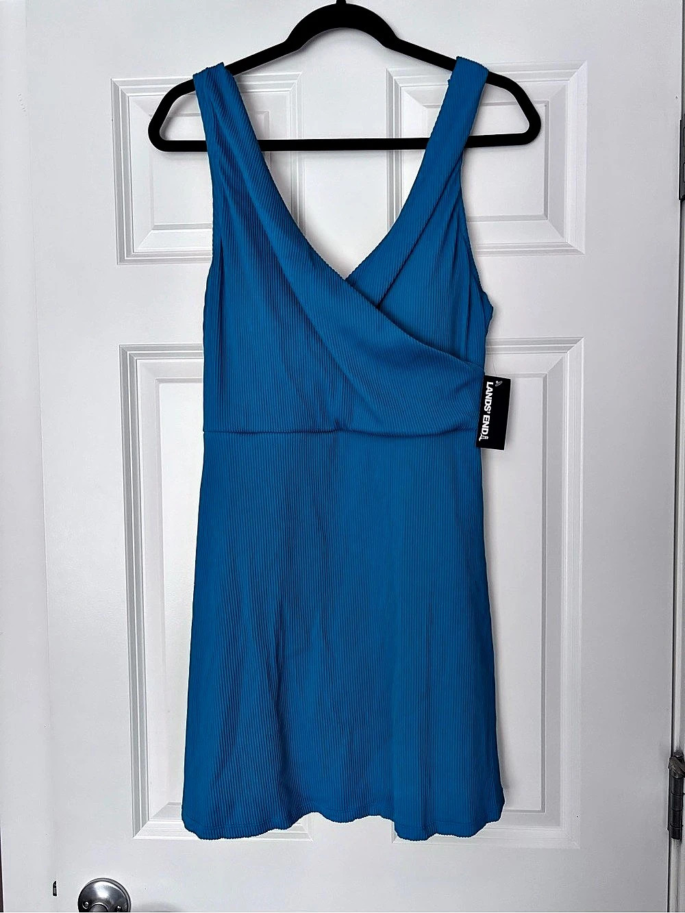NWT Lands' End Ribbed Wrap Swim Dress Blue One-Piece Size 10-12